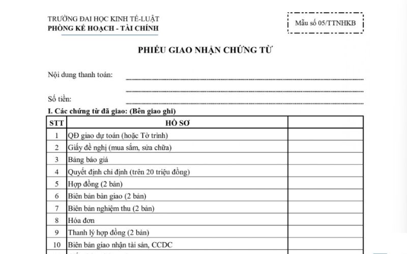 Biên bản bàn giao và tiếp nhận chứng từ