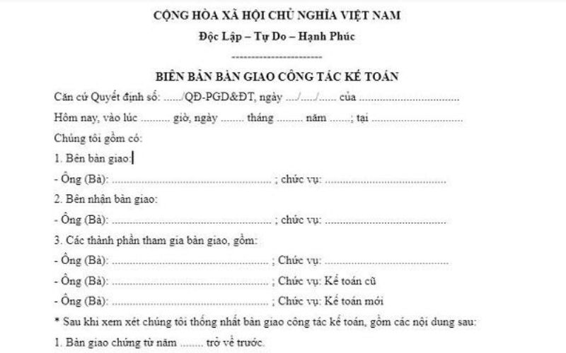 Biên bản bàn giao công tác kế toán trưởng